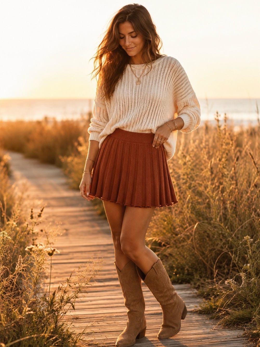 Free People Beach Pleated Knit Mini Skirt M Boho Coastal Chic